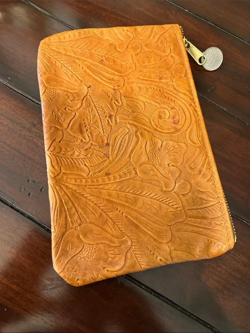 Embossed Camel Colored Leather Zip Pouch